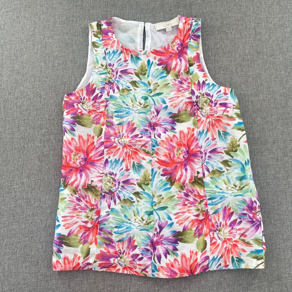Ann Taylor LOFT Sleeveless Top Floral Round Neck Small Linen Blend Lined